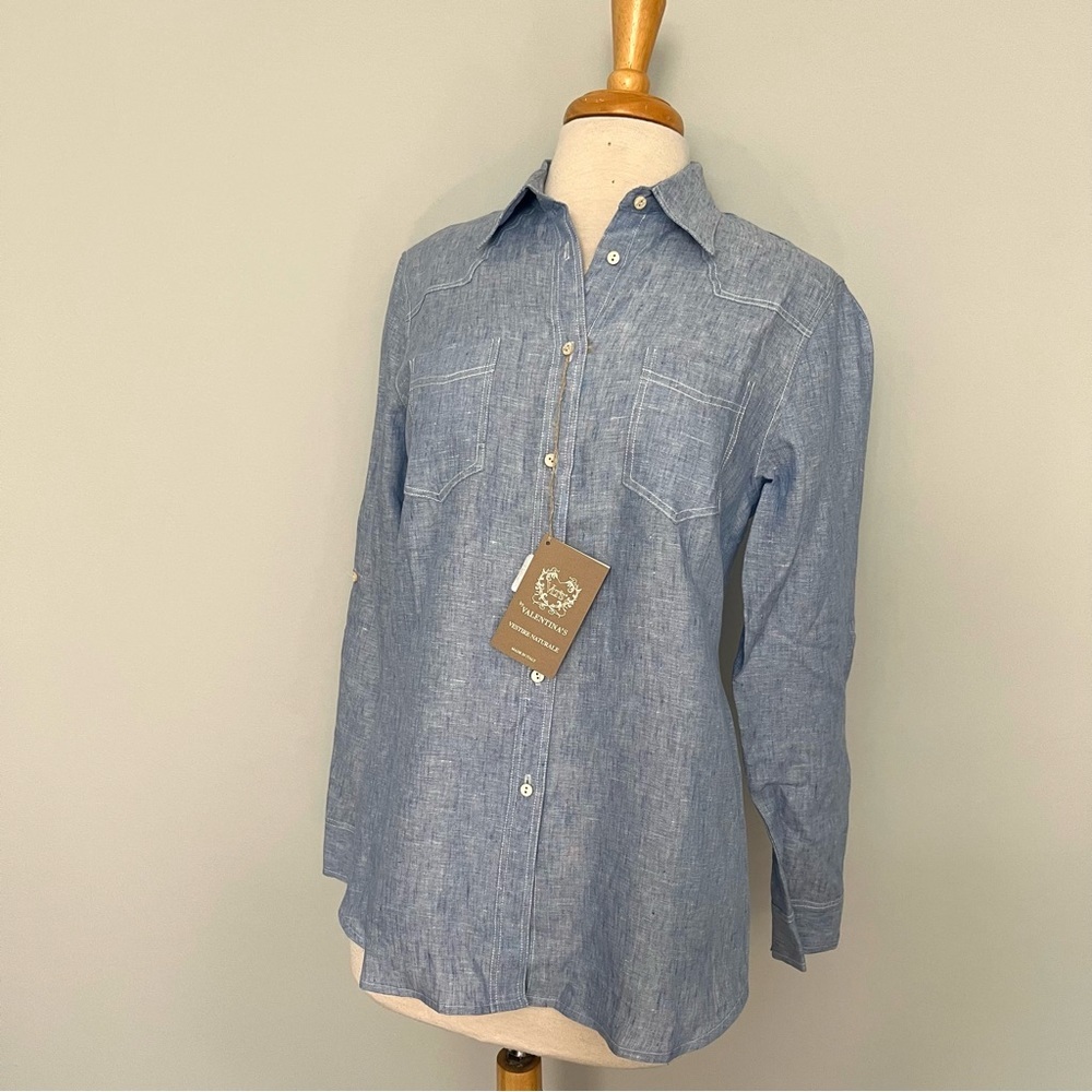 NWT VLTs by Valentina’s Chambray Linen Button Down Blouse Top Size L